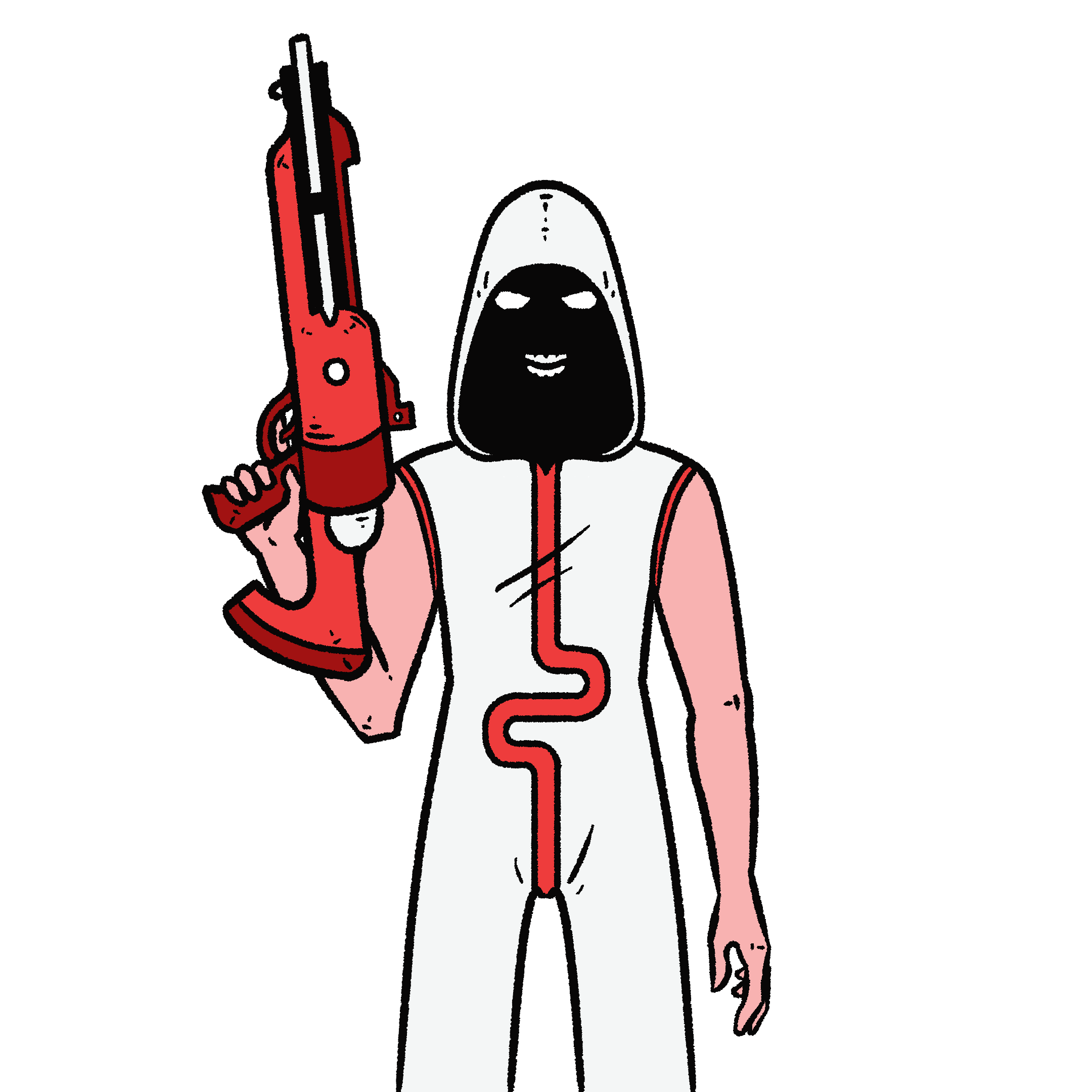 An illustration of a figure in a white hooded jumpsuit, their grinning face obscured by shadow. Their jumpsuit has a winding red symbol on its front. In their hand is a red laser gun, held up to the sky.